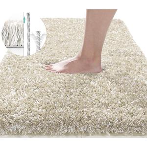 Yimobra Luxury Bathroom Rugs, Fluffy Bath Mats, Non Slip, Water Absorbent Microfiber, Machine Washable, Plush Runner Shower Rugs, Thick Matts for Bathroom Floor/Tub, 47"x 24", Light Beige and White