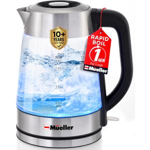 Mueller Rapid Boil Electric Kettle 1.8L  Borosilicate Glass & Stainless Steel  BPA-Free Tea Kettle, LED Light, Auto Shut-Off, Boil Dry Protection Water Heater  Fast Heating, Kitchen Appliances (Silver)