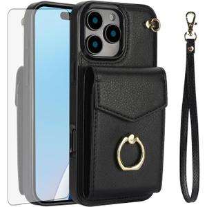 Asuwish Compatible with iPhone 16 Pro 6.3 inch Wallet Case Tempered Glass Screen Protector and RFID Blocking Ring Credit Card Holder Leather Cell Phone Cover for i Phone16 i16 16Pro Women Men Black