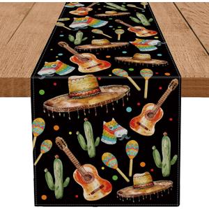 3 x Cinco de Mayo Table Runner Guitar Cactus Hat Black Runner Mexican Fiesta Kitchen Dining Table Decoration Home Party Supplies 13x72 Inch