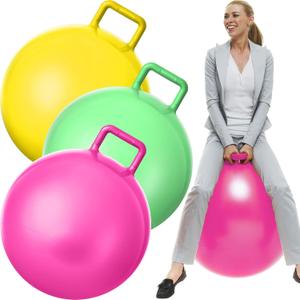 Lewtemi 3 Pcs 29 Inch Bouncing Ball with Handle, Outdoors Hopper Jumping Hopping Ball and Air Pump for Sports Exercise (Yellow, Light Green, Pink)
