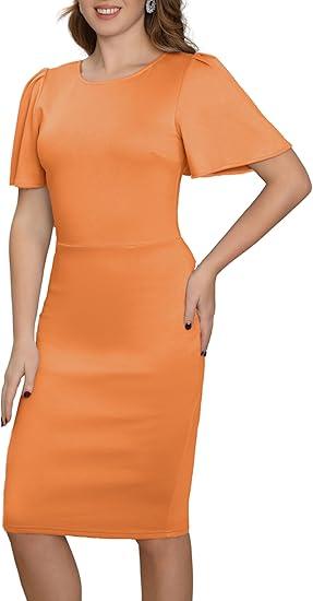 Women's Short Sleeve Work Sheath Midi Dress Elegant Fitted Cocktail Party Church Funeral Outfit Orange XL
