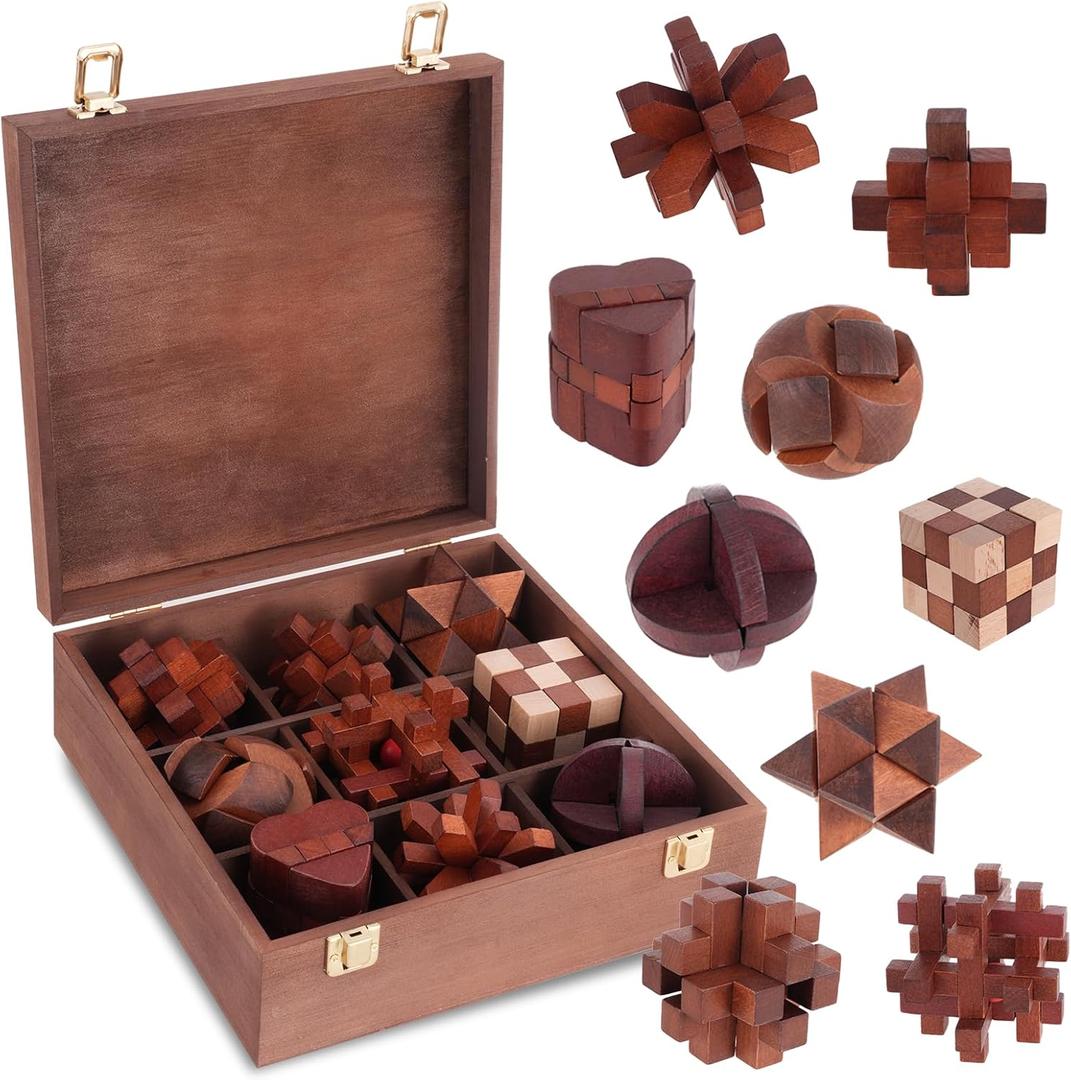 Wooden Brain Teaser Puzzles for Adults - Brain Teaser Puzzles with Wooden Box 3D Puzzle Game Toys for Adults Teens - Unlock Interlocking Puzzle Adult IQ Education Smart Toys