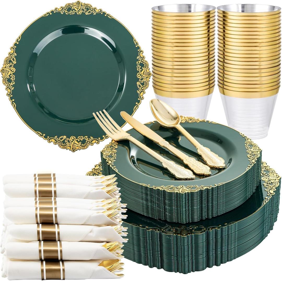 Nervure 175PCS Green Plastic Plates - Disposable Green Gold Party Plates & Pre Rolled Napkins with Cutlery for 25 Guests, 50Plates, 75Silverware, 25Cups, 25Napkin for Wedding & Party & St Patricks Day