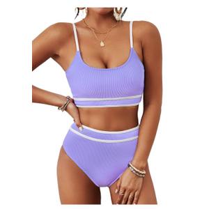 BMJL Women's High Waisted Bikini Ribbed Two Piece Swimsuit High Cut Color Block Adjustable Straps Bathing Suit, size XL, light purple
