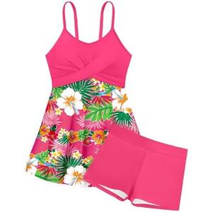 Girls Swimsuits Criss Cross Tropical Print Mesh Dress Bathing Suits with Shorts 2 Piece Tankini for Teens, 15-16Y