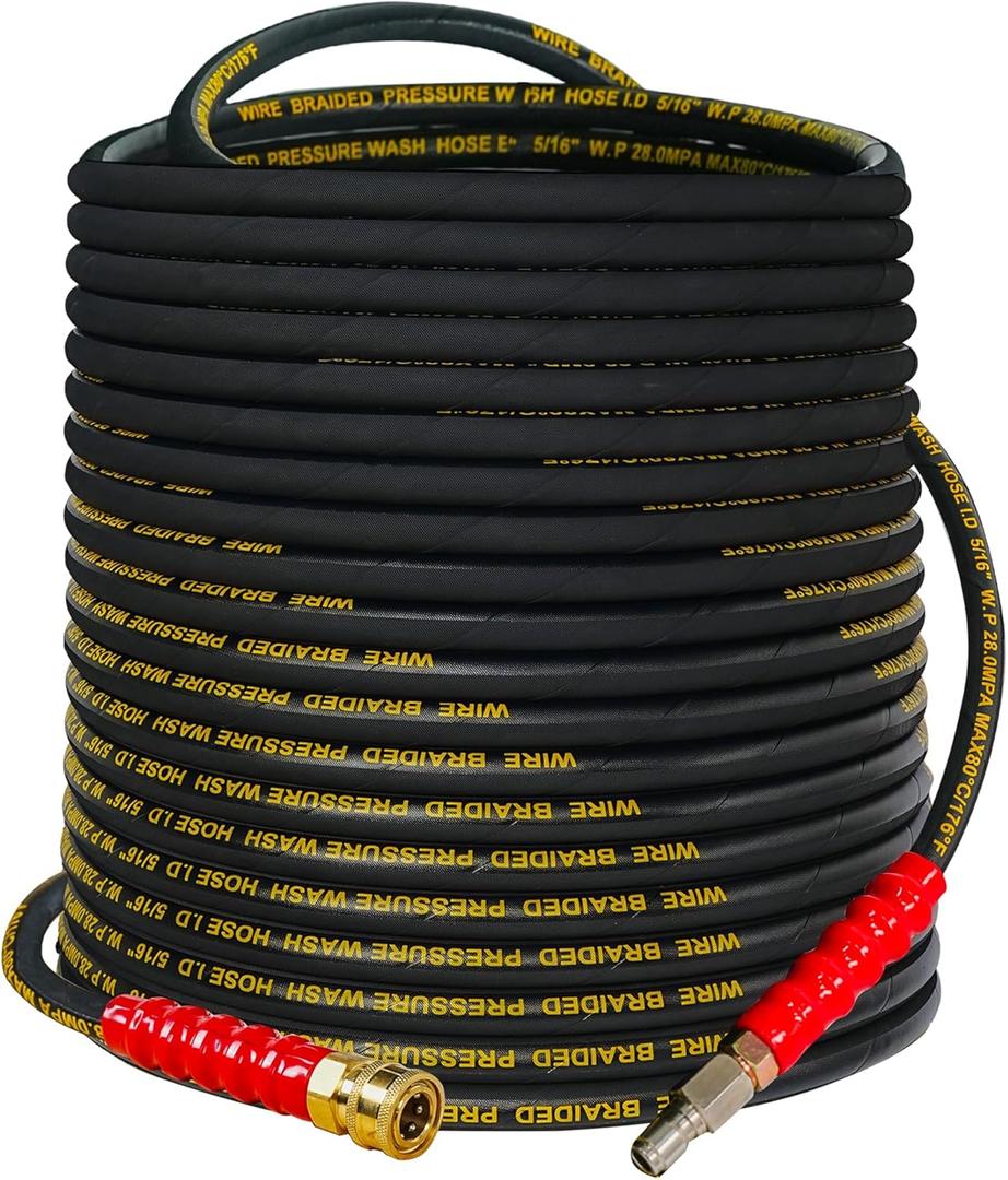 Hourleey Kink Resistant Pressure Washer Hose 100FT, High Tensile Wire Power Washer Hose with 3/8 Inch Quick Connect, 4000 PSI