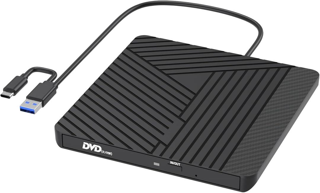 MOSWAG External CD DVD Drive for Laptop Mac, USB 3.0 & USB C CD/DVD Burner +/-RW Optical Drive, Slim Portable DVD CD ROM Rewriter Writer Duplicator for Desktop, Windows 11/10 PC MacBook Pro Linux PCs (Black)