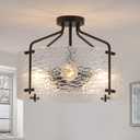 Semi Flush Mount Ceiling Light Fixture,Glass Drum Kitchen Lighting Fixtures Ceiling,18''Black Modern Light Fixture Chandelier,5Light Foyer Lighting Fixtures for Living Room Hallway Foyer Porch