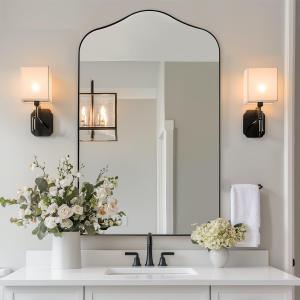 ANDY STAR Scalloped Arched Mirror, 22x35 Matte Black Irregular Wall Mirror for Bathroom Vanity with Metal Frame for Living Room, Entryway, Fireplace, Mantel, with Stainless Steel Frame