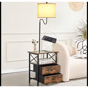LOKHOM End Table with Lamp, Floor Lamp with Table Attached, Rustic Bedside Nightstand with USB Type-C Charging Port 2 Outlets and 2 Fabric Storage Drawers, Side Table with Lamp for Bedroom Living Room