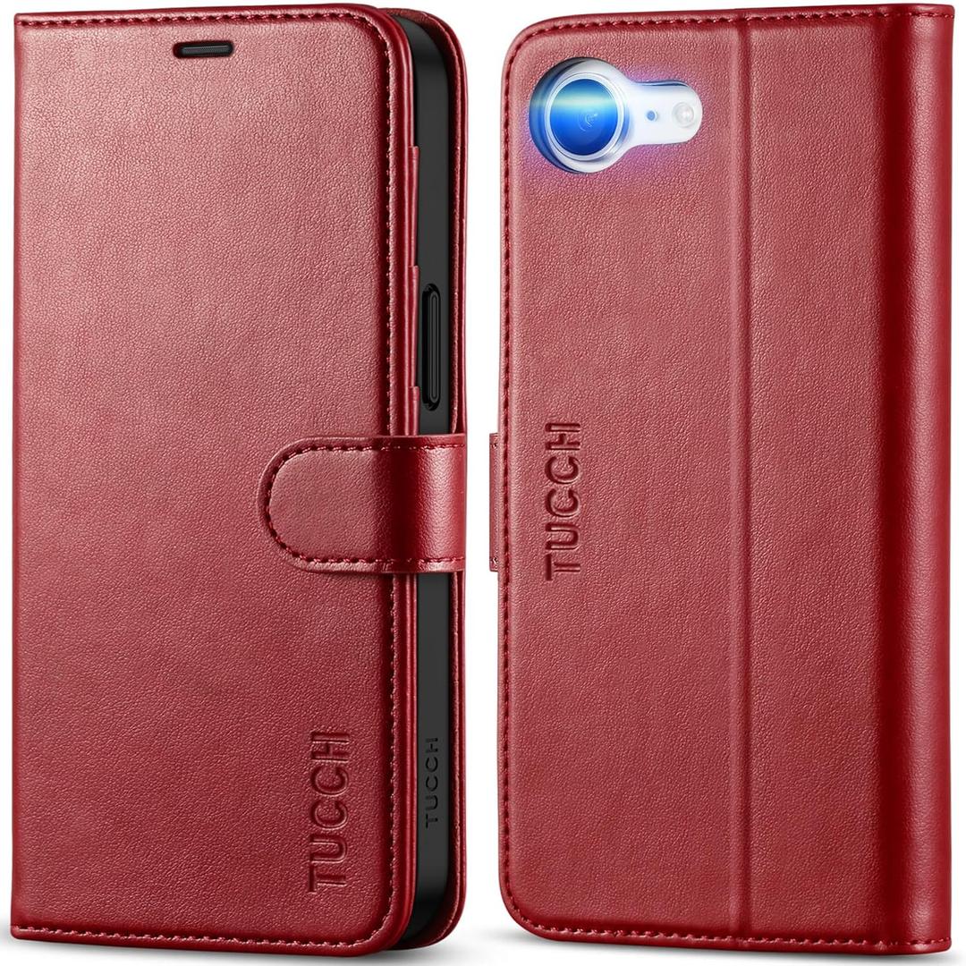 TUCCH Case Wallet for iPhone 17e/16e, [RFID Blocking] PU Leather Stand Folio Cover with 4 Card Slots [TPU Protective Interior Shell] Magnetic Flip Case Compatible with iPhone 17e/16e 5G 6.1", Dark Red