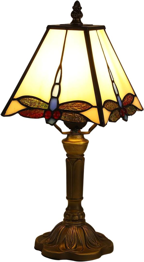 Tiffany Table Lamps LED Bedroom Bedside 18 INCH Tall Table Lamp Rose Flower Grape Stained Glass Lamp for Table Lamps (White Dragonfly-8X8X15INCH)
