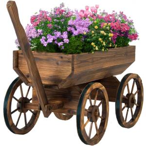 Wood Wagon Planter for Outdoor Balcony Decor - Garden Rustic Wooden Flower Cart with Wheels for Outside - Decorative Indoor - Wheelbarrow Planter for Patio -Reinforced Wheel