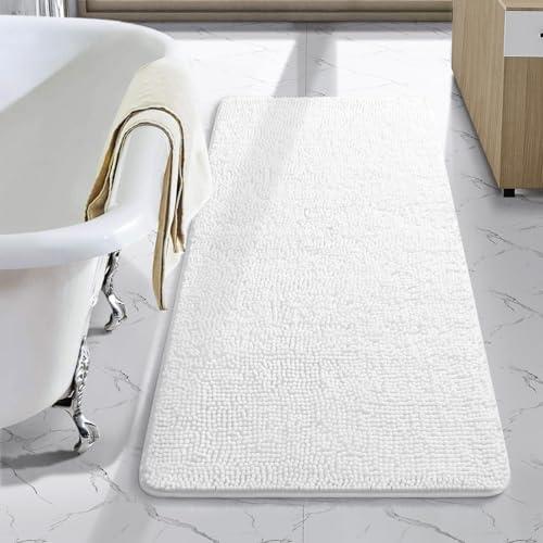 LOCHAS Luxury Bathroom Rug Shaggy Bath Mat 24 x 40 Inch, Washable Non Slip Bath Rugs for Bathroom Shower, Soft Plush Chenille Absorbent Carpets Mats, White