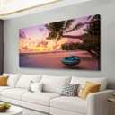 Purple Beach Palm Pictures Canvas Wall Art For Living Room Bedroom Wall Decor,Sunset Wall Art Print Paitnings For Home Decor,Morden Artwork Coconut Tree Canvas Art Ready To Hang-24x48 Inches