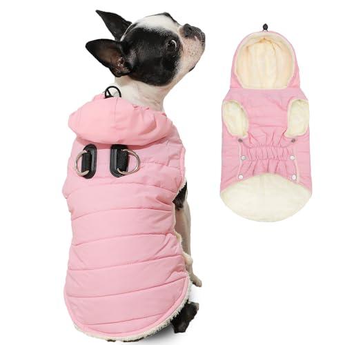 Vecomfy Fleece Lining Dog Hoodie with Harness Built in, Extra Warm Small Dog Jacket in Winter Puppy Coats with Drawstring Hooded, Light Pink M