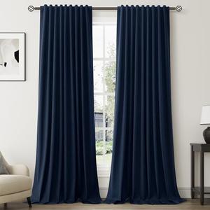 Navy Blue Linen 100% Blackout Curtains for Bedroom 90 Inch Length 2 Panels Set Back Tab Pocket Neutral Farmhouse Living Room Darkening Curtain Track System Thermal Insulated Black Out Drapes 52x90