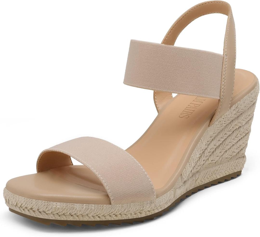 DREAM PAIRS Womens Open Toe Espadrilles Dressy Platform Sandals Slip on Elastic Ankle Strap Wedges Sandals (9.5, Nude)