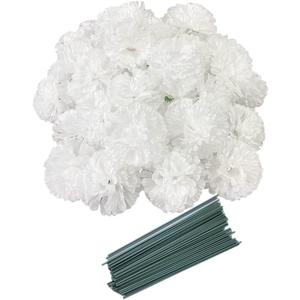 50 Artificial Silk Carnation Flower Head with Stems Set,Vase Fillers for Bridal Wedding Party Birthday Cake Ornaments,DIY Wrist Corsage, 3" Multiple Petals Heads (Pure White)