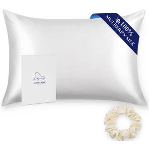 Alaska Bear Silk Pillowcase for Hair and Skin, 100% Mulberry Silk Pillow Cases Queen Size for Beauty Sleep with Random Scrunchy Gift Set Better Than Poly Satin Cover, 1pc, Cool White (Queen 20''x30'')