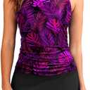 Daci Womens Tankini Swimsuits with Skirt - Two Piece Tummy Control Bathing Suits High Neck Swimwear (Purple, L)
