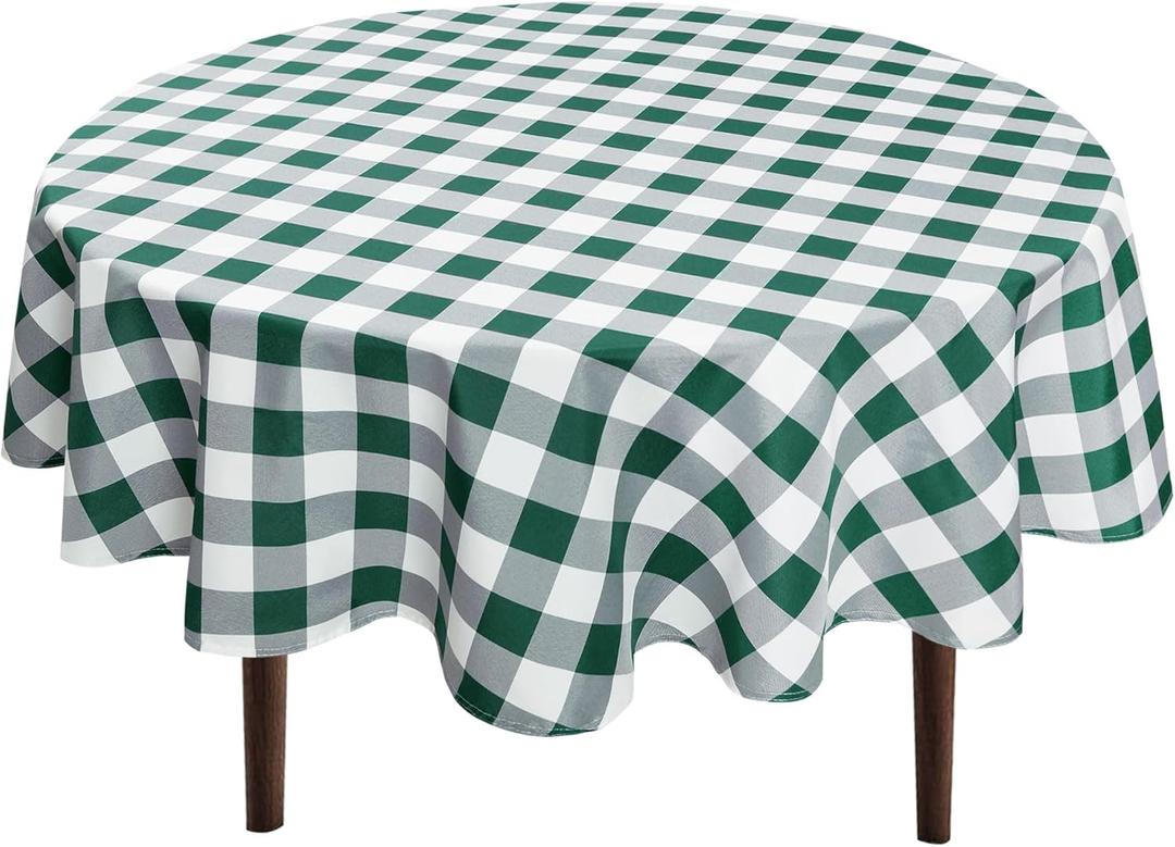 Hiasan Checkered Round Tablecloth 60 Inch - Waterproof Stain and Wrinkle Resistant Washable Fabric Table Cloth for Dining Room Party Outdoor Picnic, Forest Green and White