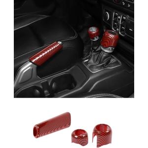 Savadicar Red Carbon Fiber Interior Accessories - Handbrake & Gear Shift Knob Trim Set for 2018-Present Jeep Wrangler JL JLU 4XE & Gladiator JT - Premium Texture Interior Decor Upgrade Option, 3-Piece