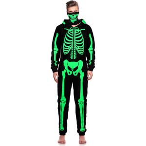 SOMSOC Men Halloween Skeleton Costume Glow in the Dark Adult Skeleton Onesie with Skull Face Cover (Large, Black)