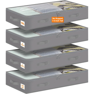 punemi Under Bed Storage Containers, 4 Pack Large Soft Foldable Storage Bags with Clear Top for Blankets, Comforters, Sheets, Wrapping Paper, WaterResistant Inner Layer, 20x40x7.5 in, Gray