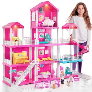 Pink Villa Playset for Girls Ages 3-7, 4-Story 10-Room House
with 2 Dolls and Lights, Furniture & Accessories, Pretend Girl Toy, Birthday Gifts for Kids 3-8