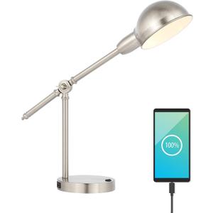 JONATHAN Y 20.25" Nickel Vintage Industrial Iron Adjustable Task Lamp with USB Charging Port for Office Desk, Metal Yellow Dome Shade, LED Bulb Included (JYL7123B)