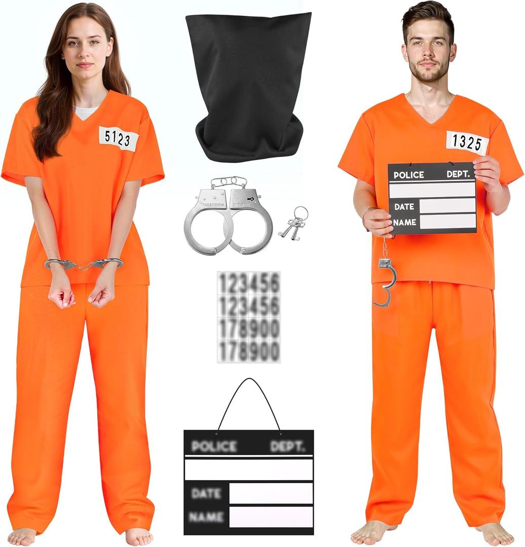 RUODON Prisoner Costume Women Men Halloween Orange Adult Jail Inmate Prison Outfit with Handcuffs Mug Shot Uniform Set (Large)