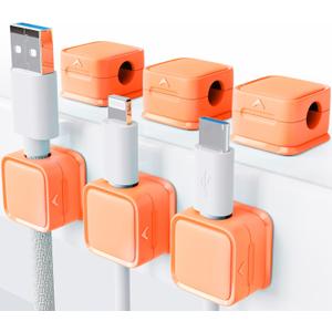 2 x Magnetic Cord Organizer Holder, 6 Pack Desk Cable Clips Management, Hide Phone Charging Cable Keeper, Strong Adhesive Wire Charger Holder for Nightstand, Kitchen Appliances, Office Supplies (Orange)