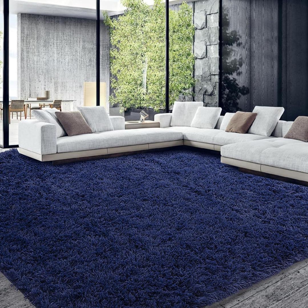 HOMBYS Shaggy Area Rug 10x14 Feet, Ultra Fuzzy Large Plush Faux Fur Carpet for Living Room Bedroom, Non-Skid Fuzzy Rug for Kids Playroom Home Decor, Navy Blue