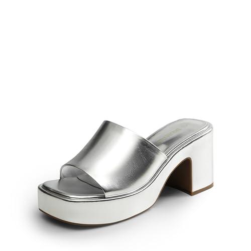 DREAM PAIRS High Chunky Platform Heels for Women Fashion Comfort Slip on Square Open Toe Block Heel Sandals,Size 8.5,Silver-Pu,SDHS2410W