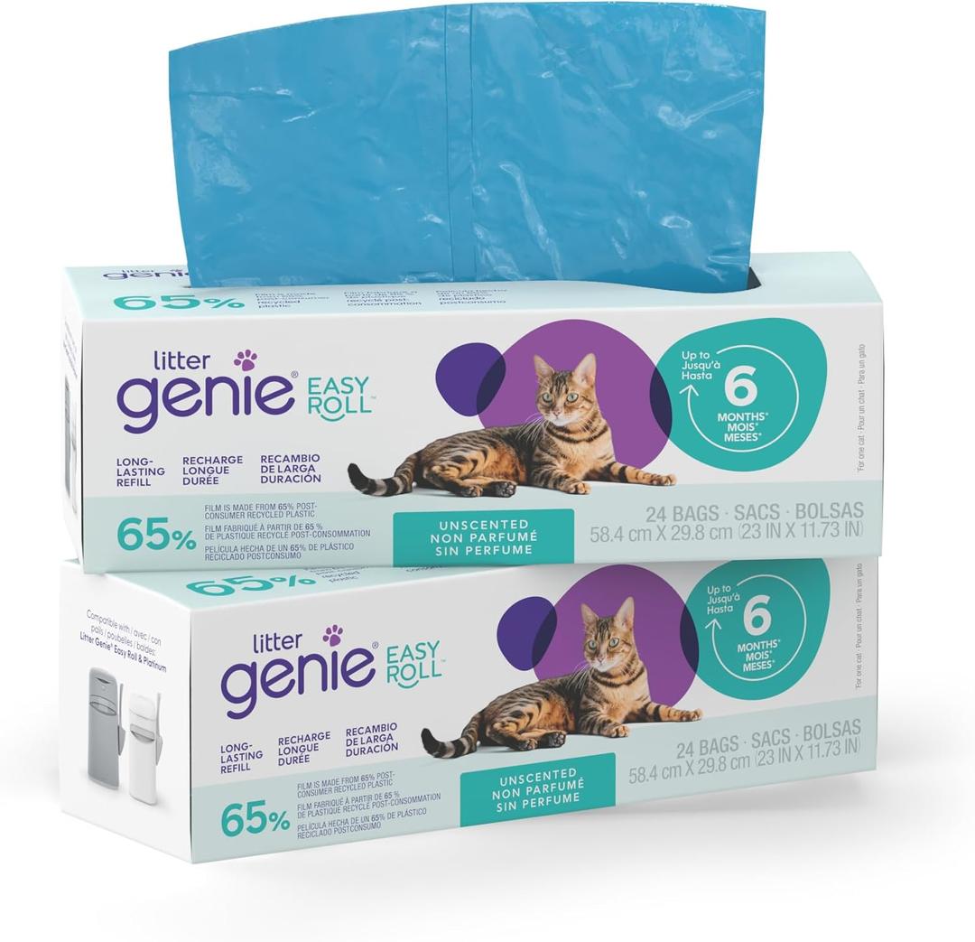 Litter Genie Easy Roll Refill Bags (2-Pack) | 65% Recycled Plastic | Up to 12 months of supply in 2 Rolls of 24 tear-off Bags | Zero Plastic Packaging Cat Litter Bags