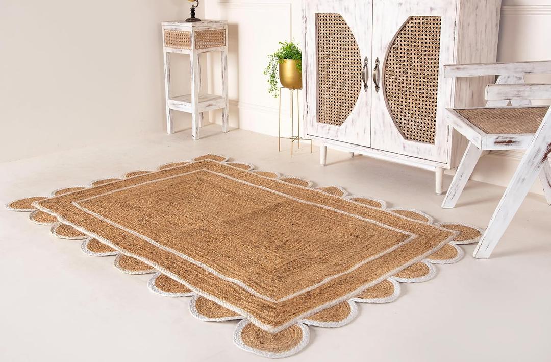 2x3 Scalloped Jute Area Rug, Boho Decor, Handwoven, Beige and White (2x3 Scalloped Rug)