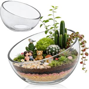 2Pack Slant Cut Bowl, Glass Terrarium, Glass Fish Bowl Vase