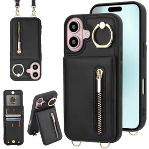 Crossbody Wallet Case for iPhone 17 with Lanyard Strap Card Slot Holder RFID Blocking 360 Ring Kickstand,Magnetic Flip Folio Zipper Purse Case, PU Leather Cover Handbag,Black