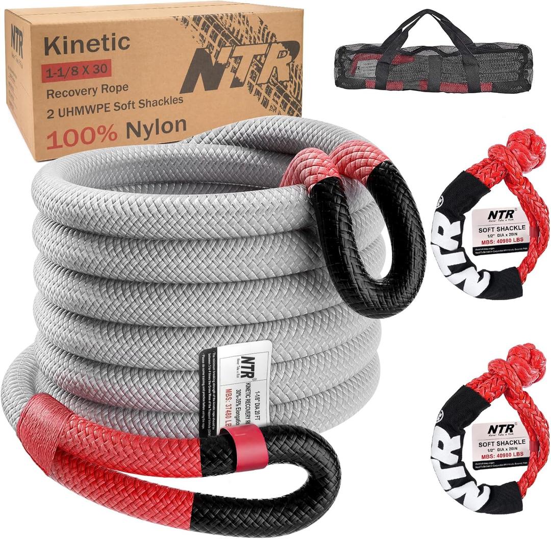 NTR 1-1/8" x 30' Kinetic Recovery Tow Rope (37,480lbs), with 2 UHMWPE Soft Shackles (40,980lbs), Heavy-Duty Offroad Snatch Strap, Vehicle Recovery kit for Jeep car Truck ATV UTV SUV, Grey