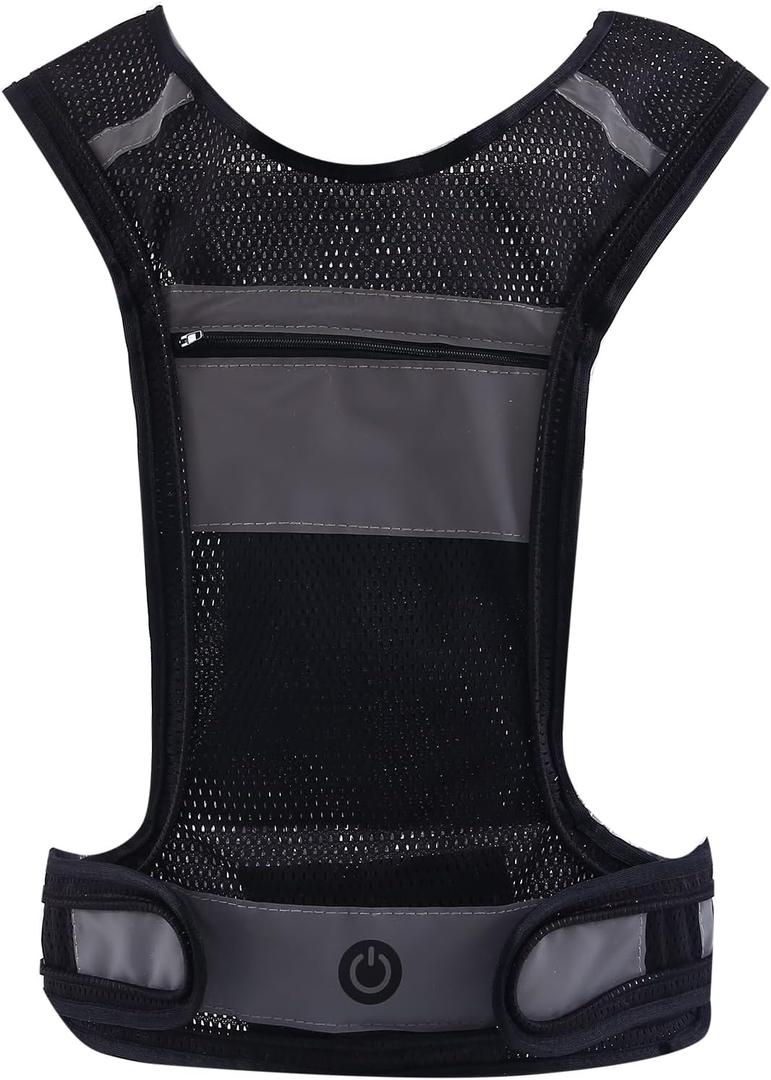 LED Safety Reflective Vest, USB Rechargeable Running Reflector Gear with Storage Pocket, Adjustable Vest (Black)