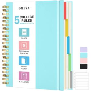 Spiral Notebook 8.5" x 11", 5 Subject Notebooks College Ruled with Removable Dividers, 300 Pages 100GSM Thick Spiral Writing Journal for Women & Men, Large A4 Lined Journal Notebooks for Work, School (Blue)