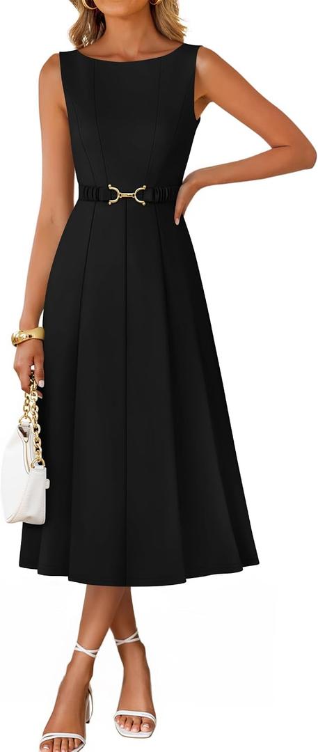 ZESICA Women Summer Sleeveless Midi Dresses 2026 Elegant Boat Neck A Line Tie Waist Spring Cocktail Party Dress (Black, L)