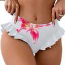 ZAFUL Women Mid Waist Bikini Bottoms Ruffles Full Coverage Swimsuit Bottom Swim Briefs Bathing Suit Bottoms (Medium, 0-white Pink Flowers)
