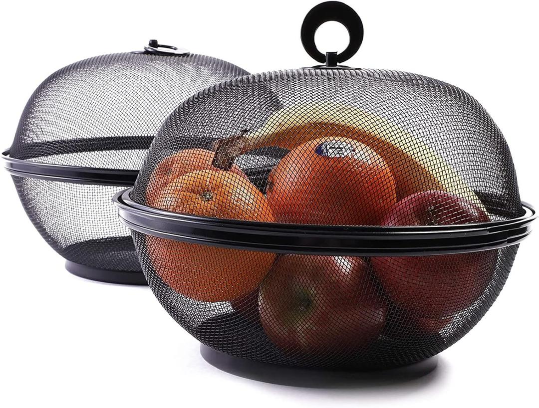 Juvale Mesh Fruit Basket with Lid - 10 in Round Black Iron Mesh, Pack of 2 - Covered Bowl & Wire Basket for Countertop - Fruit Fly Proof Produce Keeper