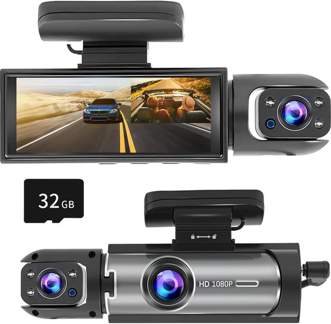 Dash Cam Front and Inside, 1296P Dual DashCams for Car, 3.16 Inch IPS Screen Driving Recorder with IR Night Vision, Loop Recording, Wide Angle Lens, 24H Parking Traffic Recorder with 32GB TF Card (Black)