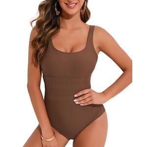 HAIVIDO Women's One Piece Swimsuit Tummy Control Scoop Neck Square Back Slimming Bathing Suit Brown XXL