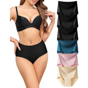 LEVAO Womens High Waist Seamless Underwear Full Coverage Breifs No Show Ladies Panties 6 Pack S-XXL (3*black/Dark Blue/Soy Powder/Skin Color)