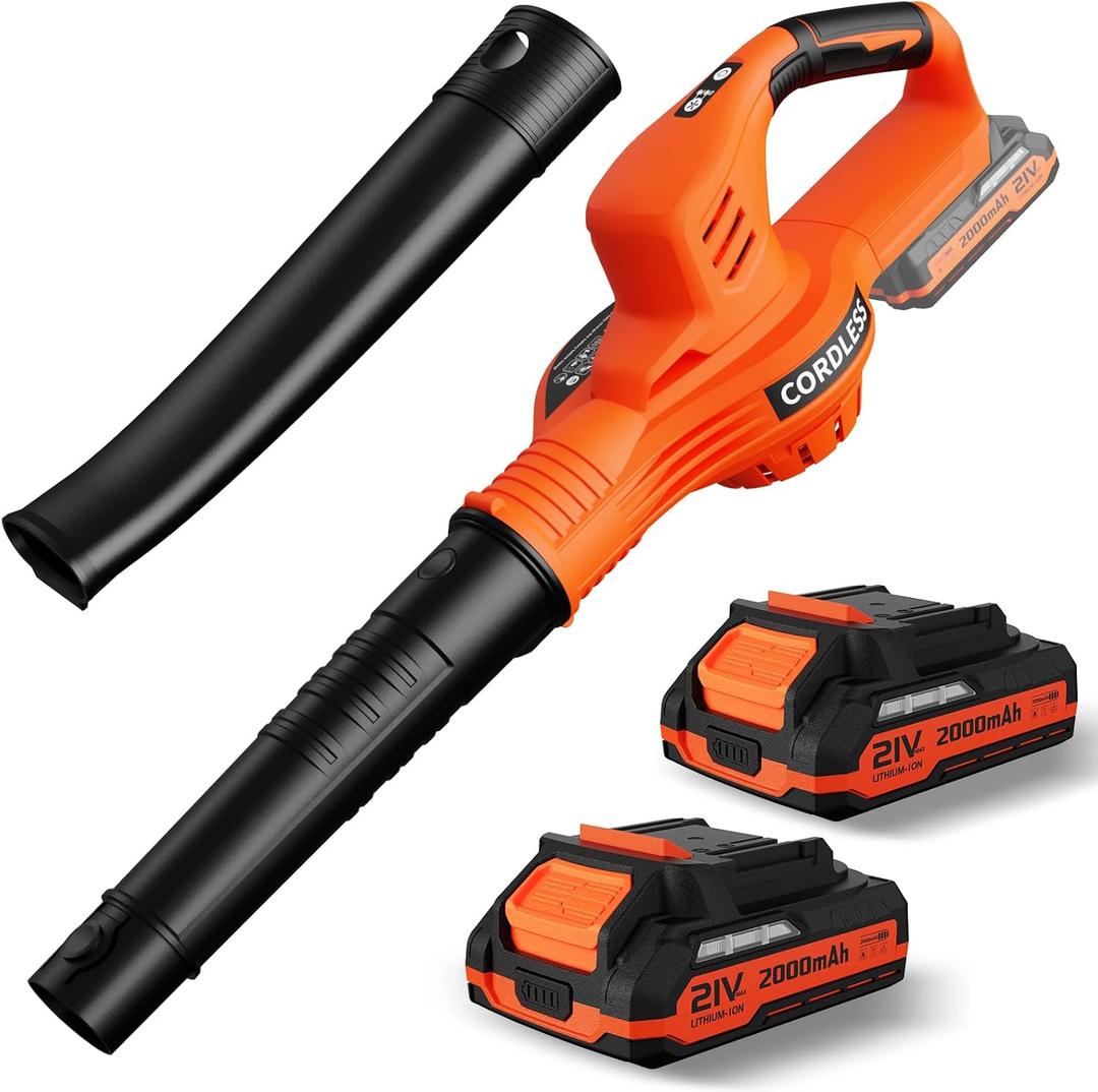 Leaf Blower Cordless - 21V Powerful Electric Leaf Blower with 2 Batteries and Charger, 2 Speed Modes, 2.0Ah Lightweight Battery Powered Leaf Blowers for Lawn Care, Patio, Dust, Blowing Leaves (Orange)